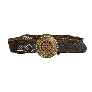 Faded Glory Braided Belt Brown Boho Woven Beaded Circle S/M S Small M Medium